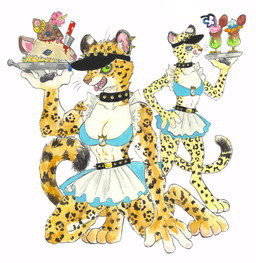 alternative_fashion anthro bikini blood bodily_fluids bottomwear breasts cleavage clothed clothing collar duo ear_piercing female flower food fur green_eyes headgear knife licking licking_lips piercing plant simple_background skirt spiked_collar spikes spots swimwear tail tongue tongue_out two-piece_swimsuit white_background kyokyota felid feline leopard mammal pantherine 2018 hi_res traditional_media_(artwork)