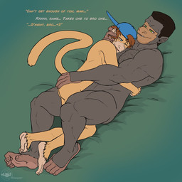 anthro anthro_on_anthro backwards_hat body_hair butt chest_hair clothing cuddling dialogue duo facial_hair feet hat headgear headwear hug larger_male male male/male muscular muscular_male romantic size_difference smaller_male stubble tail text delicatessen jerr will_(eightane) ape atelid gorilla haplorhine mammal monkey new_world_monkey primate spider_monkey 1:1 english_text hi_res