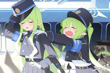 backpack blue_clothing blue_hat blue_headwear bodily_fluids bottomwear clothing cute_fangs eyes_closed fangs female female_humanoid gloves green_hair hair halo handwear hat headgear headwear heart_tail legwear open_mouth pantyhose pointy_ears prick_ears shorts skirt tail tears teeth train vehicle whistle_(object) white_clothing white_gloves white_handwear white_legwear white_pantyhose young young_female young_humanoid dongji blue_archive nexon hikari_(blue_archive) nozomi_(blue_archive) demon demon_humanoid humanoid tailed_humanoid 3:2 absurd_res hi_res