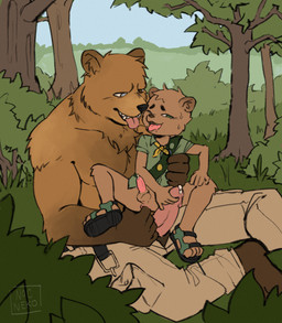 adult_on_young after_kiss age_difference anal anal_fingering animal_genitalia anthro ascot badge belt big_penis black_nose blue_eyes bodily_fluids bottomless bottomwear boy_scout brown_body brown_bottomwear brown_clothing brown_ears brown_eyes brown_fur brown_hair brown_nose brown_pants butt clothed clothing cub_scout day duo fingering footwear forest fur genital_fluids genitals grass green_clothing green_eyes green_sash green_shirt green_topwear hair half-closed_eyes hand_on_knee hand_on_leg hand_on_own_knee hand_on_own_leg hand_on_penis hand_on_side heterochromia looking_pleasured male male/male multicolored_body multicolored_fur narrowed_eyes on_grass on_ground on_lap one_eye_closed one_eye_half-closed outside outside_sex pants partially_clothed penis plant precum saliva saliva_string sandals sash scout_uniform sex sheath shirt shoes shrub sitting size_difference smile sweat three-quarter_view tongue tongue_out topless topwear tree unzipped unzipped_pants yellow_ascot young young_anthro young_male zipper nocneko emery_(neos8) bear mammal ursine 2026 digital_media_(artwork) hi_res