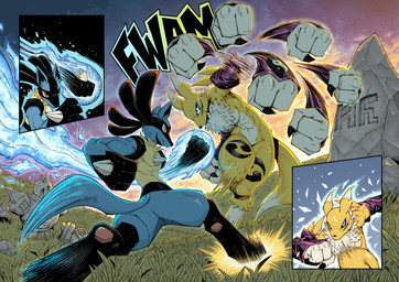 3_fingers abs action_pose angry anthro arm_tuft armwear athletic aura battle biceps big_breasts biped black_body black_claws black_fur black_nose black_sclera blue_body blue_eyes blue_fur breasts bridal_gauntlets butt cheek_tuft chest_tuft claws clothed clothed/nude clothing cloud countershade_torso countershading curvy_figure deltoids dialogue double_tomoe duo ears_back ears_up energy facial_markings facial_tuft female fight fingers fist frown fur fur_markings grass head_markings ink jumping larger_female leg_markings light logo long_ears long_tale looking_at_another looking_down looking_up male markings mask_(marking) motion_lines muscular muscular_female muscular_male navel neck_tuft nude onomatopoeia outside paws pecs pink_paws pivoted_ears plant pose punch purple_body purple_clothing purple_fur raised_leg red_eyes rock running shoulder_tuft simple_background size_difference sky smaller_male sound_effects spikes spread_legs spreading sunset tan_body tan_fur text thick_thighs thigh_markings tomoe_(symbol) triceps tuft tuft_ears white_background white_body white_countershading white_fur wide_hips yellow_body yellow_fur yin_yang trejoshurtado bandai_namco digimon nintendo pokemon digimon_(species) generation_4_pokemon generation_5_pokemon golurk lucario pokemon_(species) renamon absurd_res colored comic crossover hi_res shaded