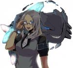 accessory alternate_species ambiguous_gender blue_eyes bracelet breasts clothing duo ear_piercing eyewear female glasses grey_hair hair hair_accessory hairpin humanized jewelry looking_at_viewer piercing simple_background smile teeth topwear vest kusanagikaworu nintendo pokemon generation_6_pokemon human mammal mega_evolution mega_steelix pokemon_(species) reptile scalie snake