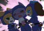 beret blue_eyes blush bodily_fluids brown_body brown_fur clothing eyes_closed feral fur furgonomics gem green_eyes group hat headgear headwear male melee_weapon ninja open_mouth paper purple_body purple_fur simple_background star sweat sword warrior weapon white_body white_fur furukara jewelpet sanrio sega sega_fave chite_(jewelpet) nix_(jewelpet) yuku_(jewelpet) beagle canid canine canis domestic_dog domestic_ferret herding_dog hunting_dog mammal mustelid musteline pastoral_dog scent_hound true_musteline weasel welsh_corgi