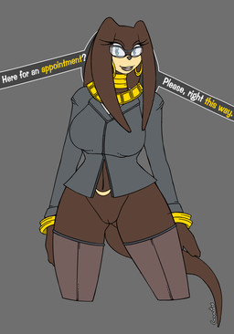 alternate_color anthro bangle big_breasts blazer blue_eyes bottomless bracelet breasts brown_body brown_skin clothed clothing dark_body dark_skin dreadlocks ear_piercing ear_ring eyelashes eyewear female genitals glasses hair jewelry legwear lips lipstick long_hair long_tail makeup navel neck_ring necklace office piercing pose ring_piercing secretary smile solo stockings suit tail tattoo text thick_bottom_lip topwear vulva wide_hips canastus sega sonic_adventure sonic_the_hedgehog_(series) tikal_the_echidna echidna mammal monotreme english_text flat_colors pinup