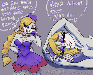 anthro blonde_hair breasts clothed clothing dialogue dress eyelashes eyeshadow female fishnet_clothing flirting gloves hair handwear just_woke_up long_ears long_hair looking_at_viewer makeup nude red_eyes solo speech_bubble text arcatech mario_bros nintendo super_mario_odyssey broodal hariet_(mario) lagomorph leporid mammal rabbit cropped english_text signature