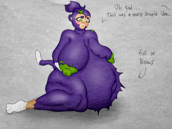 anthro areola bandage bandaged_foot bandaged_hand bandaged_tail belly belly_expansion belly_inflation big_belly big_breasts blush breasts expansion feet female green_areola green_eyes huge_belly huge_breasts huge_thighs inflation purple_body solo text thick_thighs nebulous5 bloons_tower_defense ninja_kiwi ezili_(bloons) haplorhine mammal monkey primate 4:3 absurd_res english_text hi_res