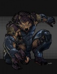 abs anthro armor biceps biped black_nose blue_eyes brown_body brown_fur claws crouching fangs fur grin kneeling looking_at_viewer male muscular muscular_anthro muscular_male pecs pose purple_body purple_fur smile solo teeth toe_claws warrior solidasp canid canine canis mammal wolf