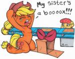 accessory bow_(feature) bow_accessory box cardboard cardboard_box clothing container cowboy_hat duo female feral hair hat headgear headwear ribbons simple_background text trolling white_background latecustomer friendship_is_magic hasbro my_little_pony apple_bloom_(mlp) applejack_(mlp) earth_pony equid equine horse mammal pony 2019 english_text hi_res sibling_(lore) sister_(lore) sisters_(lore)