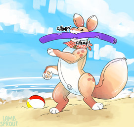 ambiguous_gender ball beach beach_ball detailed_background feral inflatable kerchief kerchief_only markings mostly_nude neckerchief neckerchief_only neckwear painted_background peach_body red_ball red_kerchief red_neckerchief sand sky skyscape solo spots spotted_body standing wave white_ball white_body yellow_ball conditional_dnp lustylamb animate_inanimate living_inflatable living_pool_toy hi_res