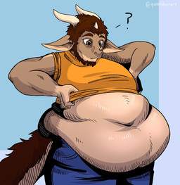 anthro beard belly big_belly bottomwear brown_beard brown_eyebrows brown_eyes brown_facial_hair brown_hair clothed clothing deep_navel eyebrows facial_hair fingers gloves_(marking) grey_body hair horn huge_belly male markings multicolored_body navel obese obese_anthro obese_male overweight overweight_anthro overweight_male pants question_mark shirt solo standing tail tan_horn topwear queerdeerart mythology dragon mythological_creature mythological_scalie scalie hi_res shaded