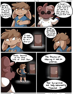 anthro brown_body brown_fur brown_hair button_(fastener) button_eyes clothing dialogue door duo fur hair hand_on_chest looking_back male orange_eyes plushie scared shirt tail text topwear young spicykiwi alex_(spicykiwi) animate_inanimate bear domestic_cat felid feline felis hybrid lagomorph leporid mammal rabbit comic english_text hi_res story
