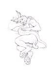 ambiguous_gender anthro athletic athletic_anthro athletic_male biped butt cheek_tuft cuddling duo facial_tuft feral fur happy high-angle_view hug inner_ear_fluff lying male nude on_another on_side pawpads paws pillow relaxing scales short_tail size_difference smile tail tuft hibbary mythology dragon eastern_dragon felid feline lynx mammal mythological_creature mythological_scalie scalie 2024 hi_res monochrome pen_(artwork) traditional_media_(artwork)