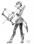 alternative_fashion anthro arrow_(weapon) biped boots bottomwear bow_(weapon) clothed clothing compound_bow ear_piercing eyewear female footwear fully_clothed goggles goth gun handgun holding_gun holding_object holding_ranged_weapon holding_weapon holster knee_pads midriff piercing pistol quiver_(object) ranged_weapon shoes side_view simple_background skirt solo standing tail weapon white_background scott_ruggels domestic_ferret mammal mustelid musteline true_musteline weasel monochrome traditional_media_(artwork)