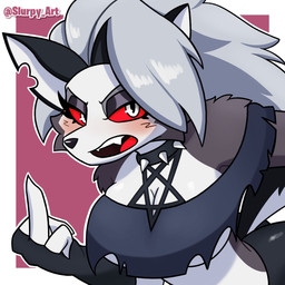 anthro big_breasts bottomwear breasts clothing female gesture gloves hand_gesture handwear middle_finger topwear torn_clothing under_boob slurpyart hellaverse helluva_boss loona_(helluva_boss) canid canine canis mammal wolf absurd_res hi_res