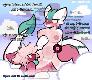 annoyed anthro anthro_on_anthro areola big_breasts black_body black_fur blush bodily_fluids breasts cloud collar collar_only cowgirl_position cum cum_in_vagina cum_inside duo ear_piercing female female_penetrated from_front_position fur genital_fluids genitals green_body green_fur heart_eyes heart_symbol holding_breast impregnation inner_monologue long_tail looking_at_another looking_at_partner male male/female male_penetrating male_penetrating_female moan navel nipples non-mammal_breasts non-mammal_navel non-mammal_nipples non-mammal_vulva nude nude_female nude_male on_bottom on_top orgasm ovum ovum_with_heart penetration penile penile_penetration penis penis_in_vagina piercing pink_body pink_fur pink_nose plap scales sex size_difference sky skyscape small_top_big_bottom sperm_cell sweat sweatdrop tail talking_to_another talking_to_partner tan_body tan_fur text thinking thoughts vaginal vaginal_penetration ventral_scales vulva white_body white_fur x-ray_view purrmaxxing european_mythology mythology terraria faye_(purrmaxxing) glue_(purrmaxxing) domestic_cat dragon felid feline felis mammal mythological_creature mythological_scalie scalie western_dragon wyvern wyvern_(terraria) english_text hi_res