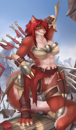 abs anthro big_breasts boots bottomwear bottomwear_aside bow_(weapon) breasts claws clothing clothing_aside dagger female flashing footwear genitals green_eyes hair loincloth loincloth_aside melee_weapon mountain muscular muscular_anthro muscular_female pink_nose ranged_weapon red_hair shield shoes smile solo toe_claws vulva weapon merrunz felid mammal 2017 digital_media_(artwork) hi_res