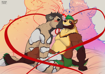 alskad anthro bed cuddling duo furniture heart_symbol holidays intimate kissing male male/male kody_fryzma valentine's_day arejay_nuki african_wild_dog canid canine mammal raccoon_dog tanuki absurd_res hi_res