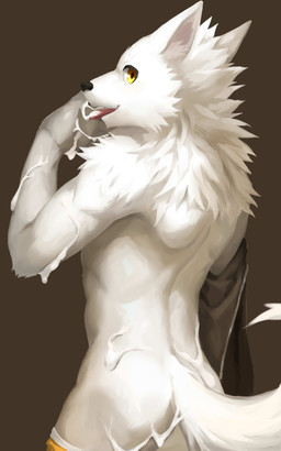 anthro arm_tuft black_nose bodily_fluids bottomwear bottomwear_down brown_background butt clothed clothing cum cum_in_mouth cum_inside cum_on_arm cum_on_butt cum_string fur genital_fluids glistening glistening_eyes head_tuft looking_at_viewer looking_back male monotone_body monotone_fur neck_tuft open_mouth open_smile pants pants_down partially_clothed red_tongue shoulder_tuft simple_background smile solo tail tongue tongue_out tuft unsigned white_body white_fur white_tail yellow_eyes t.y.stars canid mammal absurd_res hi_res