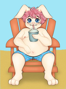 ahoge bangs beach belly beverage chair clothing container cup floppy_ears furniture hair male milkshake moobs nipples on_chair overweight overweight_male pink_hair sand seaside sitting sitting_on_chair slightly_chubby solo swimming_trunks swimwear whiskers vicky_art joshie_(calahootheyeen) hare lagomorph leporid mammal rabbit 3:4 hi_res