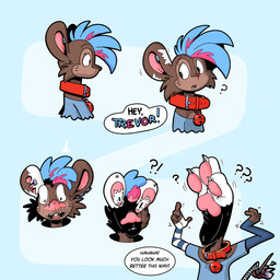 bell bell_collar bodily_fluids brown_body brown_fur buckteeth claws collar dialogue ear_piercing ear_ring feet foot_fetish fur jewelry markings mouse_tail offscreen_character pawpads piercing red_collar red_nose ring_piercing solo speech_bubble sweat sweatdrop tail tail_wraps teeth text toe_claws tongue transformation whisker_markings wraps trevor-fox trevor-fox_(character) mammal mouse murid murine paw_head rodent 1:1 english_text hi_res