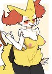 anthro areola biped black_body blush border braixen breasts female front_view generation_6_pokemon inner_ear_fluff nintendo nipples open_mouth orange_eyes pink_areola pink_nipples pokemon pokemon_(species) simple_background snow_angel_(artist) solo tuft white_body white_border yellow_background yellow_body