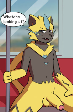 anthro balls belly black_body black_fur blue_eyes casual_nudity clothed clothing cute_fangs dialogue fangs foreskin front_view fur genitals half-erect holding_pole humanoid_genitalia humanoid_penis looking_at_viewer male multicolored_body multicolored_fur navel nude open_mouth partially_retracted_foreskin penis pole public public_nudity sitting solo speech_bubble subway talking_to_viewer teeth text two_tone_body two_tone_fur window yellow_body yellow_fur dabelette nintendo pokemon generation_7_pokemon legendary_pokemon pokemon_(species) zeraora 2020 english_text