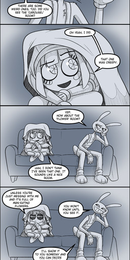 anthro bedding blanket carrying_another clothing door duo female furniture gesture gloves handwear jester leaving male nervous overalls pillow sitting smile sofa standing text walking waving waving_goodbye absolutedream glitch_productions the_amazing_digital_circus jax_(tadc) pomni_(tadc) human lagomorph leporid mammal rabbit absurd_res comic english_text greyscale hi_res long_image monochrome tall_image