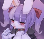 anthro blush breasts female female_anthro gesture hair kemono purple_hair solo suggestive suggestive_gesture text tongue tongue_out rikose lagomorph leporid mammal rabbit translated