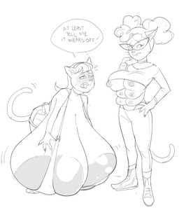 6_breasts alternate_species anthro areola areola_slip big_areola big_breasts blush bodily_fluids bottomwear breast_growth breast_on_floor breasts choker clothed clothing duo eyewear female furrification glasses growth hand_on_hip hotpants huge_areola huge_breasts hyper hyper_breasts jewelry multi_breast necklace nipples pigtails raised_clothing raised_topwear shorts standing sweat text topwear transformation wardrobe_malfunction whiskers worried dbaru rise_of_the_teenage_mutant_ninja_turtles teenage_mutant_ninja_turtles teenage_mutant_ninja_turtles_(2012) april_o'neil domestic_cat felid feline felis mammal 2026 english_text hi_res monochrome