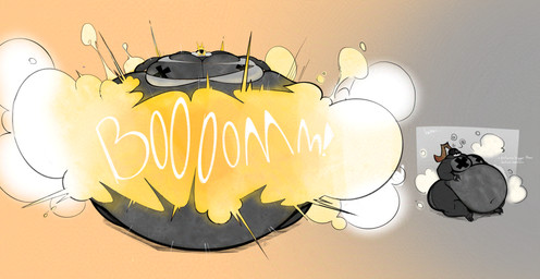 anthro belly big_belly bomb boom bursting explosion explosives goreless grey_background huge_belly hyper hyper_belly inflation onomatopoeia popping simple_background sound_effects spherical_inflation text white_text yellow_background smokey_blokey 2025 absurd_res adversarial_noise hi_res sequence