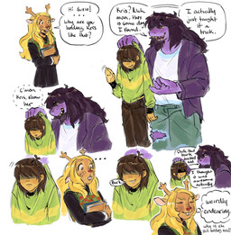ambiguous_gender ambiguous_human anthro blonde_hair brown_body brown_fur brown_hair clothing female fur green_clothing green_shirt green_topwear group hair purple_body shirt simple_background speech_bubble text topwear trio white_background yellow_body yellow_skin colicolicolicoli deltarune undertale_(series) kris_dreemurr noelle_holiday susie_(deltarune) deer human mammal new_world_deer reindeer scalie 2025 english_text hi_res nonbinary_(lore)