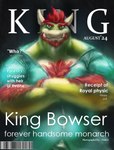 arm_hair beard body_hair chest_hair clothed clothing crossed_arms facial_hair hair horn male muscular muscular_male open_clothing open_shirt open_topwear red_hair shirt text topwear drakei bowser_day mario_bros nintendo bowser cover english_text magazine_cover