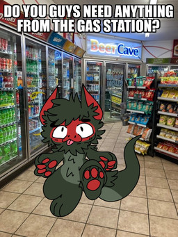 3_toes 4_fingers anthro black_body black_eyes black_fur blep bottle container feet fingers fur gas_station looking_at_viewer male red_body red_fur snack solo text toes tongue tongue_out walking water_bottle stinkfingerz mythology dragon furred_dragon furred_scalie mythological_creature mythological_scalie scalie english_text meme photo_manipulation