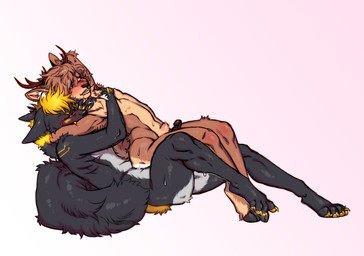 abdominal_bulge anal anal_penetration anthro anthro_on_anthro anthro_penetrated anthro_penetrating anthro_penetrating_anthro antlers arm_tuft balls bite black_body black_fur blonde_hair blush blush_lines bodily_fluids brown_body brown_fur cheek_tuft duo ears_back erection eyes_closed facial_tuft fangs femboy fluffy fluffy_tail fur genitals hair half-closed_eyes hooves horn humanoid_genitalia humanoid_penis inner_ear_fluff looking_pleasured male male/male male_penetrated male_penetrating male_penetrating_male muscle_tone narrowed_eyes neck_bite nude on_bottom on_top open_mouth open_smile pawpads paws penetration penile penile_penetration penis pivoted_ears reverse_cowgirl_position seductive sex shoulder_tuft simple_background smile straddling straddling_penis sweat sweatdrop tail teeth tuft white_background yellow_pawpads jimnsei canid canine canis deer mammal wolf hi_res