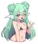 areola bikini blush bodily_fluids breasts clothing female green_hair hair one_eye_closed solo sweat swimwear tongue tongue_out two-piece_swimsuit wink bebatch nijisanji nijisanji_en vtuber finana_ryugu animal_humanoid humanoid marine marine_humanoid hi_res