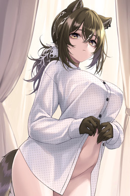 breasts brown_eyes brown_hair clothing curtains ear_piercing ear_ring female freckles hair looking_at_viewer navel piercing ponytail ring_piercing shirt solo tail topwear white_clothing white_shirt white_topwear nameko_houshi arknights hypergryph studio_montagne robin_(arknights) animal_humanoid humanoid mammal mammal_humanoid procyonid procyonid_humanoid raccoon_humanoid 2022 absurd_res digital_media_(artwork) hi_res
