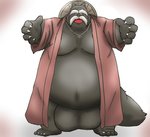 anthro balls belly big_balls clothing facial_hair genitals huge_balls humanoid_hands hyper hyper_balls hyper_genitalia kemono male moobs mustache nipples obese obese_anthro obese_male overweight overweight_anthro overweight_male robe simple_background solo mametanu_tanuki nurarihyon_no_mago inugami_gyoubu_(nurarihyon_no_mago) canid canine mammal raccoon_dog tanuki 2020 absurd_res hi_res