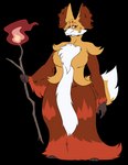 absurd_res anthro big_breasts big_female branch breasts canid canine cheek_tuft claws clothed clothing colored curled_hair delphox digital_media_(artwork) dress facial_tuft fan_character female fire fluffy fluffy_tail fox fur generation_6_pokemon hair hi_res holding_object holding_weapon inner_ear_fluff looking_at_viewer mammal markings model_sheet neck_tuft nintendo pokemon pokemon_(species) red_eyes red_hair simple_background smile solo tail thick_thighs tuft weapon white_body white_fur xphantomk yellow_body