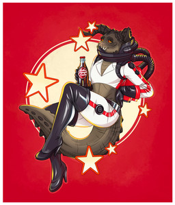 anthro belt boots border brown_body brown_scales clothing femboy footwear gloves handwear high_heeled_boots high_heels horn legwear looking_at_viewer male midriff nuka-cola pupils red_background red_eyes scales shoes simple_background slit_pupils solo spacesuit tail teeth thick_tail thigh_boots thigh_highs tight_clothing white_border agentmoose fallout microsoft ashe_colter nuka-girl_(fallout) deathclaw reptile scalie absurd_res hi_res