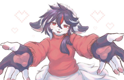 anthro blush bottomwear claws clothed clothing dipstick_ears ear_markings ears_down female finger_claws fingerless_(marking) fluffy fluffy_tail fully_clothed fur hair heart_background heart_symbol inviting_to_hug kemono long_hair looking_at_viewer multicolored_ears open_mouth open_smile outstretched_arm pattern_background pawpads pink_pawpads pivoted_ears purple_hair reaching_towards_viewer red_clothing red_eyes red_sweater red_topwear simple_background skirt smile solo spread_arms sweater tail topwear white_body white_fur ingi mio_konno_(character) canid canine fox mammal 2025 shaded signature