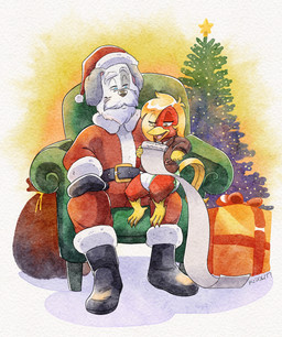annoyed anthro armchair avian_feet beak blue_eyes brown_eyes candy candy_cane chair christmas_clothing christmas_headwear christmas_present christmas_tree clean_diaper clothing costume dessert diaper duo feathers food fur furniture gift hair hat headgear headwear holidays list long_hair male mall_santa necktie on_chair on_lap plant reading_aloud red_body red_feathers santa_costume santa_hat school_blazer school_uniform sitting sitting_on_chair sitting_on_lap smug_face toddler tree uniform white_body white_fur yellow_beak yellow_body yellow_feathers young kiddlit christmas glori_gamebird avian bird canid canine canis domestic_dog galliform golden_pheasant herding_dog mammal pastoral_dog phasianid pheasant sheepdog absurd_res hi_res painting_(artwork) watercolor_(artwork)