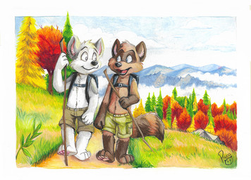anthro backpack black_nose blue_eyes bottomwear brown_body brown_fur closed_smile clothed clothing cloud day duo eye_contact facial_markings fur glistening glistening_eyes grass green_bottomwear green_clothing green_shorts head_markings logo looking_at_another male markings mask_(marking) mouth_closed open_mouth open_smile outside plant shorts sky smile striped_markings striped_tail stripes tail tail_markings topless tree walking white_body white_fur young young_anthro young_male pandapaco canid canine mammal procyonid raccoon artist_logo signature