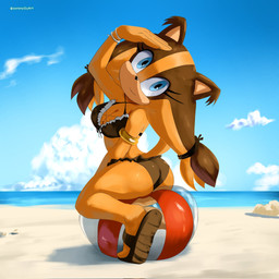 anthro ball beach beach_ball blue_eyes breasts butt cleavage clothed clothing cloud eyelashes female footwear inflatable looking_at_viewer sand sandals sea shoes sitting_on_ball sky smile solo swimwear tail text water soranygyart sega sonic_boom sonic_the_hedgehog_(series) sticks_the_jungle_badger badger mammal mustelid musteline 1:1 artist_name hi_res