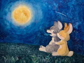 anthro black_eyes blush detailed_background duo feet female fur grass grey_body grey_fur hug male moon night open_mouth outside pawpads paws plant semi-anthro sitting sky star starry_sky teeth toes whiskers yellow_body yellow_fur fusau canid canine canis lagomorph leporid mammal rabbit wolf 2022 4:3 detailed hi_res painting_(artwork) traditional_media_(artwork) traditional_painting_(artwork) watercolor_(artwork)
