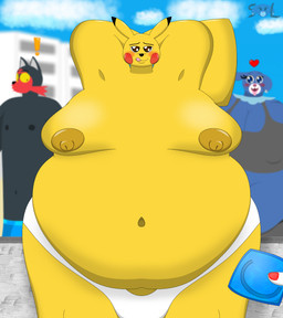 anthro areola belly big_areola big_belly big_breasts big_moobs big_nipples breasts clothing deep_navel female freckled_breasts freckled_face freckles group half_naked male moobs navel nipples nipples_visible_through_clothing non-mammal_nipples overweight overweight_anthro overweight_female overweight_male penis_peek slightly_chubby slightly_chubby_anthro slightly_chubby_female slightly_chubby_male smile swimwear tongue tongue_out solandgamer75 nintendo pokemon mia_sandoval_(solandgamer75) generation_1_pokemon generation_7_pokemon litten pikachu pokemon_(species) popplio 2026 absurd_res hi_res