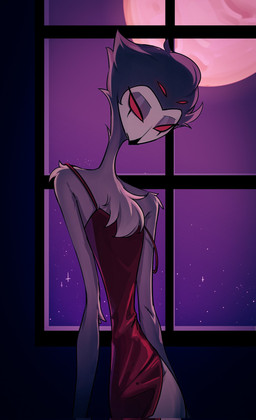 4_eyes anthro blue_body blue_feathers chest_tuft clothing detailed_background empty_eyes feathers femboy full_moon inside lingerie looking_at_viewer male moon multi_eye night red_eyes seductive skinny solo standing tuft window rainwoodwood hellaverse helluva_boss stolas_(helluva_boss) avian bird demon owl 2024 digital_media_(artwork) hi_res