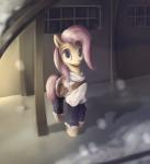 blue_eyes clothing female feral footwear fur hair leg_warmers legwear looking_at_viewer pink_hair satchel shoes smile snow snowing solo yellow_body yellow_fur rodrigues404 friendship_is_magic hasbro my_little_pony fluttershy_(mlp) equid equine horse mammal pony 2016 animated short_playtime