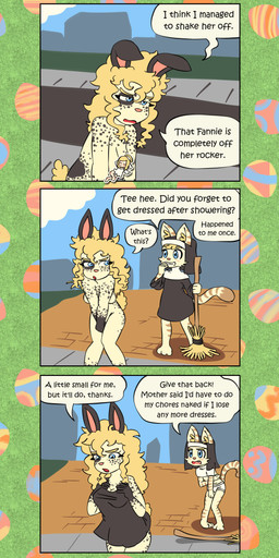 3_toes angry anthro barefoot black_spots blonde_eyebrows blonde_hair blue_eyes blush blush_lines bottomless bottomless_anthro bottomless_female breasts broom brown_stripes brown_tail_tip cat_tail censored_breasts cleaning_tool cleavage clothed clothing clothing_theft covering covering_breasts covering_crotch covering_self creative_censorship crotch_lines dialogue dipstick_tail dress dress_only duo easter_egg embarrassed embarrassing_exposure embarrassing_nudity eyebrows feet female fur grin hair holidays inner_ear_fluff laughing_at_another markings nude nude_anthro nude_female nun nun_habit nun_outfit panties pink_nose public public_nudity rabbit_ears religious_clothing road scut_tail short_tail sidewalk smile speech_bubble spots spotted_body spotted_fur standing stealing striped_body striped_fur striped_markings striped_tail stripes tail tail_markings talking_to_another tan_body tan_fur tan_tail text toes tuft underwear white_clothing white_panties white_underwear yellow_tail young young_anthro young_female bisonvega easter cat_girl_(bisonvega) cousin_bunny_(bisonvega) domestic_cat felid feline felis lagomorph leporid mammal rabbit 2026 censored comic english_text hi_res