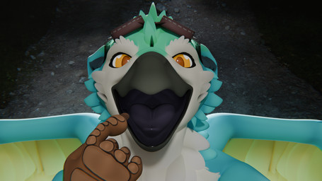 eyewear eyewear_on_head feathered_wings feathers forest forest_background gesture goggles goggles_on_head hand_gesture mawplay mouth_shot open_mouth plant pointing solo tree viewed_from_above vore wings dyrmun coulias avian bird 16:9 hi_res widescreen