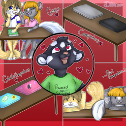 anthro big_tail black_body black_fur blonde_hair blue_eyes book brown_eyes brown_hair clothing computer cutaway duo ear_tuft electronics feet female fingerless_(marking) fluffy fluffy_tail fur grey_body grey_fur hair male multicolored_body multicolored_fur open_mouth purple_eyes school_uniform shirt tail text text_on_clothing text_on_shirt text_on_topwear toeless_(marking) topwear tuft two_tone_body two_tone_fur uniform what_has_science_done white_body white_fur young young_anthro lildooks lemmy_(lemmy_niscuit) lolly_(butterscotchlollipop) sunny_(lildooks) cheetah felid feline mammal mephitid skunk spotted_skunk 1:1 absurd_res english_text hi_res